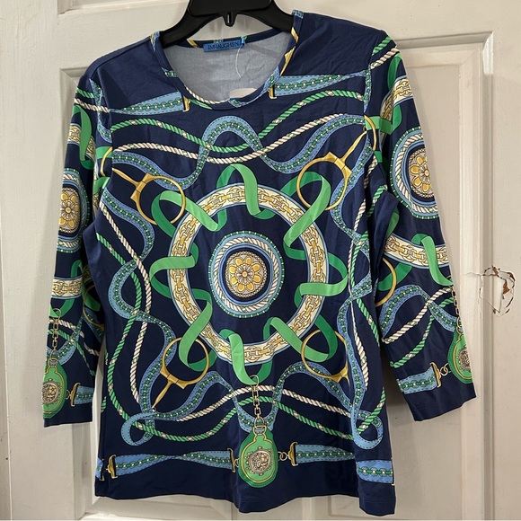 JM Collection Tops - JM Collection Navy Long Sleeve Top with Green & Gold Chain Print